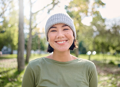 Buy stock photo Nature, smile and portrait of Asian woman in forest for adventure, freedom and hiking for fitness. Wellness, relax and face of girl enjoying fresh air, peace and woods for exercise, cardio and hike