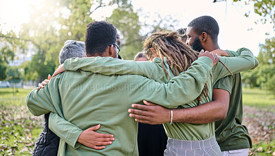 Buy stock photo Group hug, support and people in park for eco friendly, sustainable or community service project, teamwork or love. Together, circle and diversity, inclusion friend in forest or nature for earth day