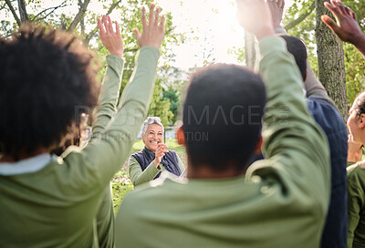 Buy stock photo Volunteer, cleaning and group with vote for a woman in a park for the community environment. Teamwork, happy and people with questions for a senior leader during a nature cleanup for sustainability