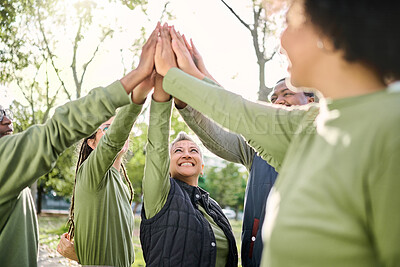 Buy stock photo High five, nature and people hands from team building at wellness retreat with community and support. Volunteer, happiness and smile of support group excited with collaboration, trust and solidarity 