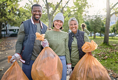 Buy stock photo Volunteer men and women cleaning park as community service with plastic in garbage bag. Diversity group help with trash for eco friendly lifestyle and bottle recycling for pollution outdoor in nature