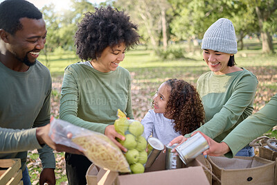Buy stock photo Food donation, volunteering and people with child for sustainability, poverty help and community service in park. Support, teamwork and fruits, vegetable and box for homeless, charity or society care