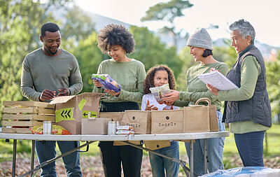 Buy stock photo Volunteering, charity food and people with child for sustainability, poverty help and community service in park. Gardening, fruits and vegetable planning, management and teamwork of kid and friends