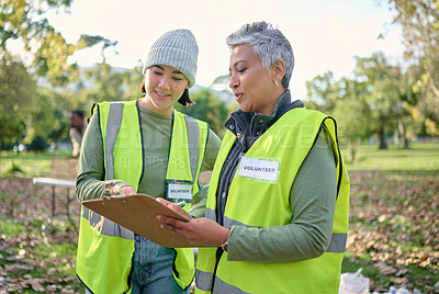 Buy stock photo People, charity and clipboard for food donation, volunteer or teamwork for eco friendly environment. Women volunteering workers planning in sustainability for community healthcare, help or wellness