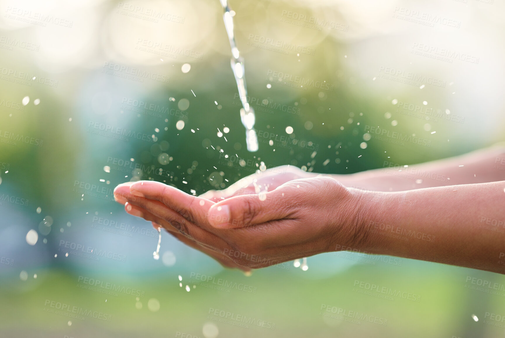 Buy stock photo Outdoor, hands and man with water in nature for washing, cleaning or body hygiene hydration. Natural, organic and African male hand with aqua to wash or clean to prevent germs, dirt or dust outside.