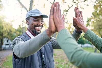 Buy stock photo High five, nature volunteer or people celebrate cleaning garbage pollution, waste product or environment support. African community teamwork, NGO charity and eco friendly team done with park clean up