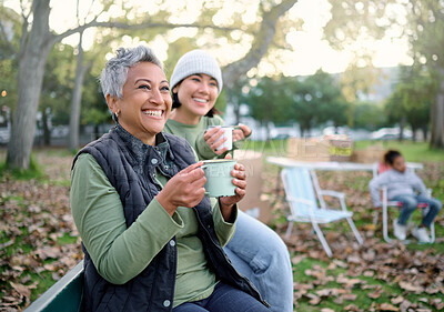Buy stock photo Break, coffee and volunteer relax during community, cleanup and project in a park, happy and bonding. Charity, environment and recycling friends resting in a forest with tea, cheerful and content
