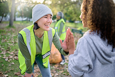 Buy stock photo High five, volunteer woman and child cleaning garbage pollution, waste product or community environment support. Teamwork celebration, NGO charity and eco friendly kid happy with nature park clean up