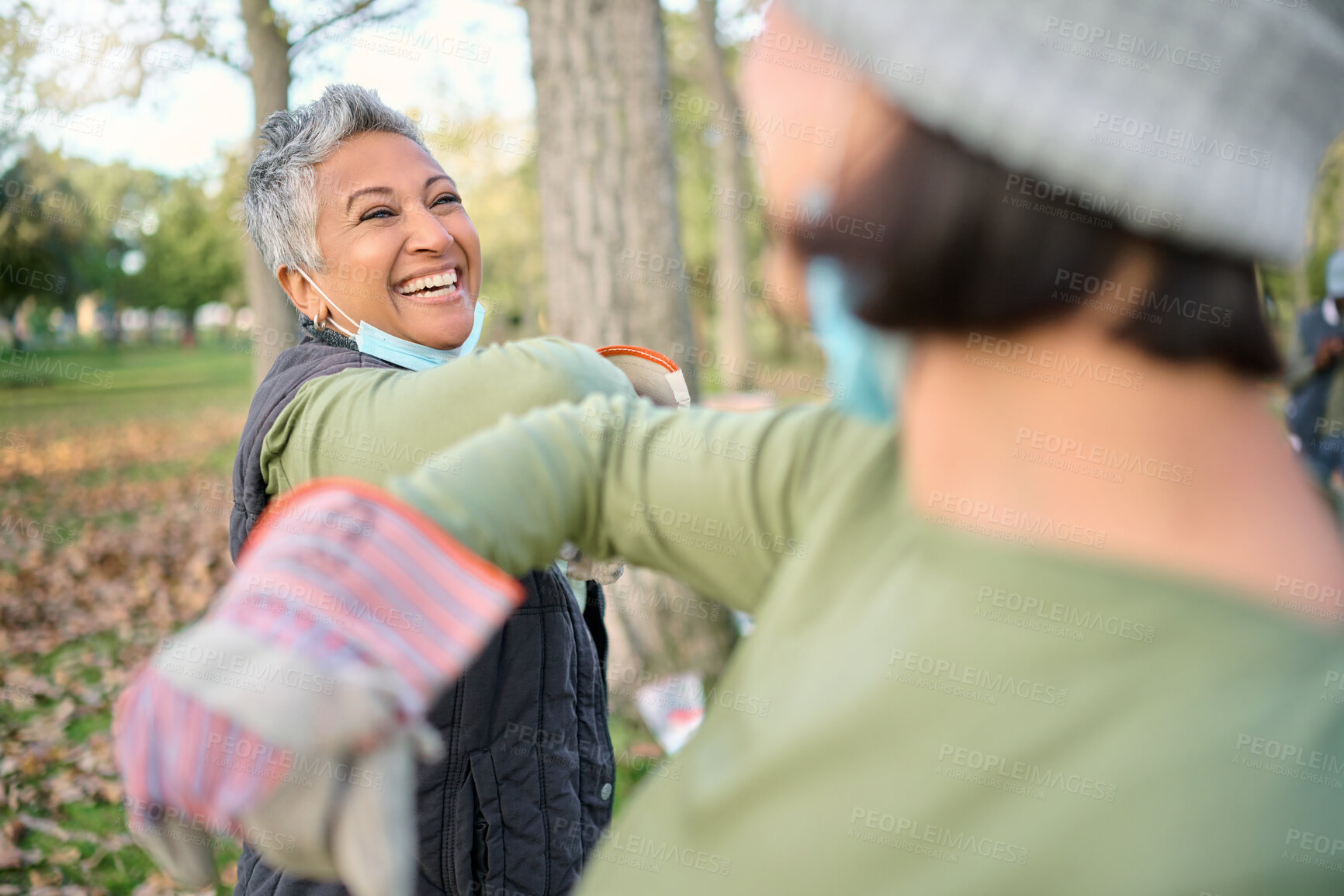 Buy stock photo Covid, community volunteer team and cleaning trash pollution, garbage waste product or environment support. Corona virus greeting, NGO charity and eco friendly women help with nature park clean up