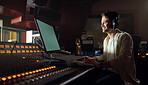 Musician, smile or computer headphones in music recording, sound mixing or song composition in studio. Producer, DJ or happy man on technology and ideas for live streaming radio, audio or media album