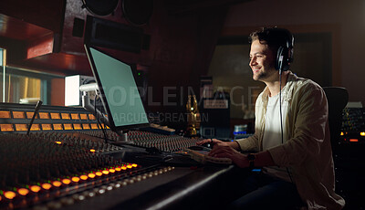 Buy stock photo Musician, smile or computer headphones in music recording, sound mixing or song composition in studio. Producer, DJ or happy man on technology and ideas for live streaming radio, audio or media album