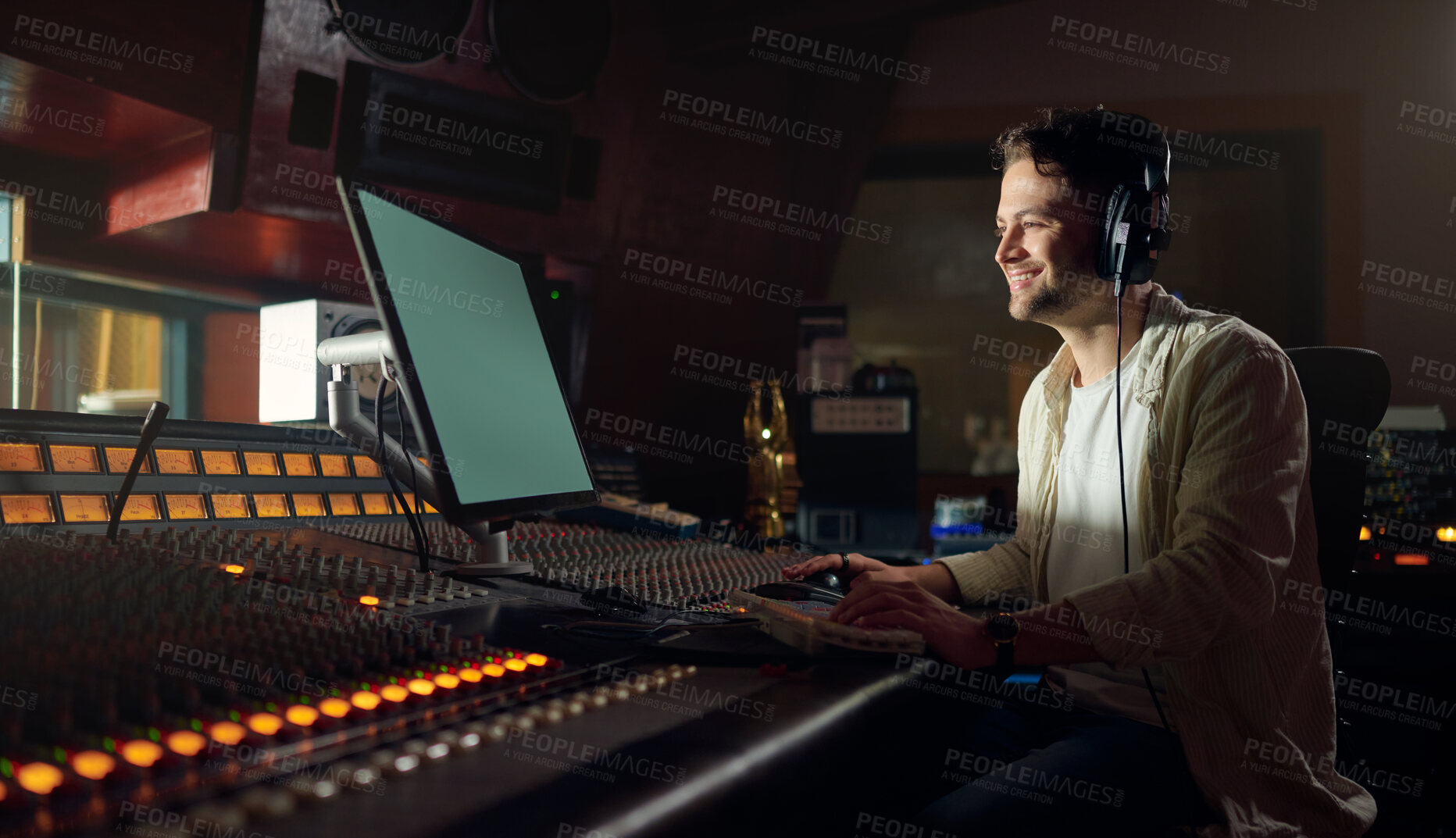 Buy stock photo Musician, smile or computer headphones in music recording, sound mixing or song composition in studio. Producer, DJ or happy man on technology and ideas for live streaming radio, audio or media album