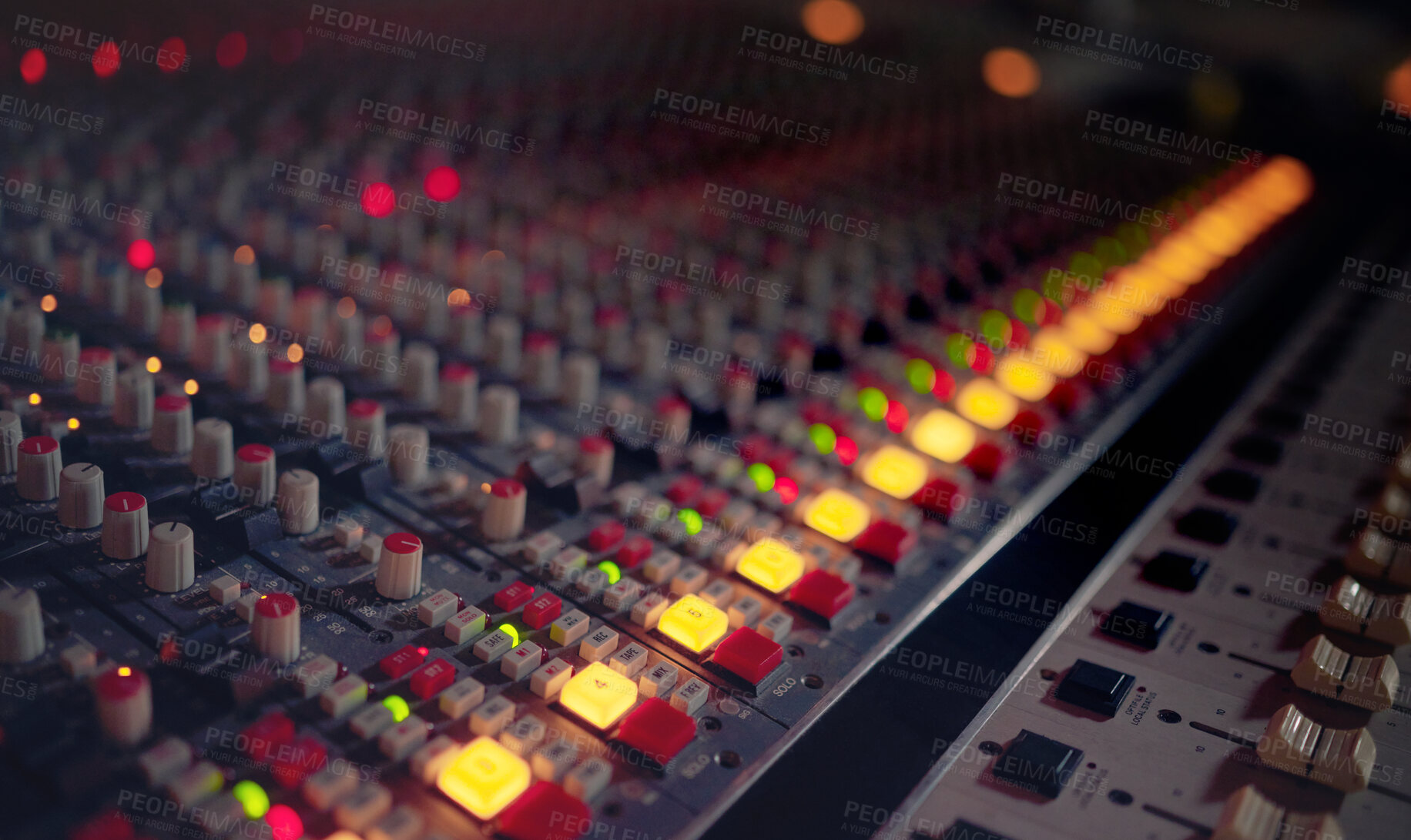 Buy stock photo Background of music mixer, sound board and production in radio industry, broadcast or scales in studio. DJ equipment, electronic media and audio engineering machine for recording, volume or equalizer