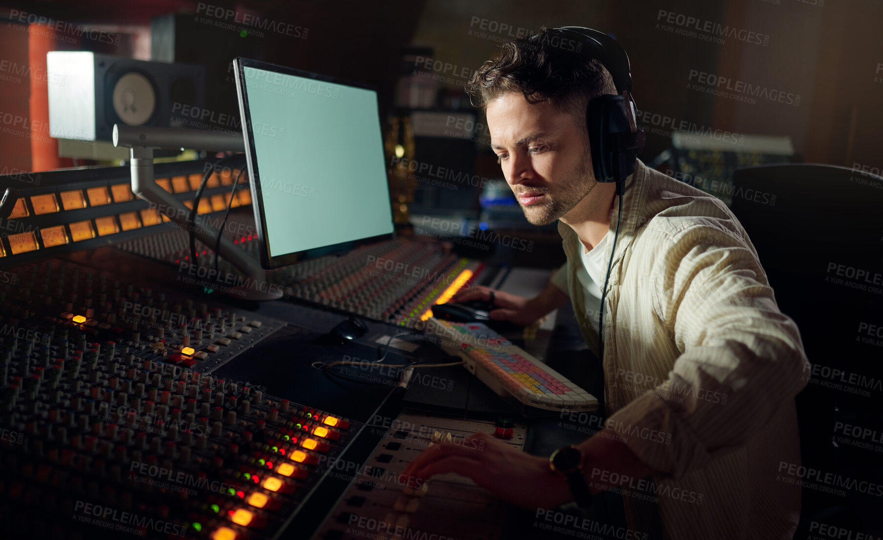 Buy stock photo Man, thinking or recording headphones for music, sound mixing or computer song composition in studio. Musician, DJ or producer on technology with ideas for live streaming radio, audio or media album