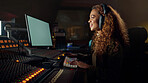 Woman, smile or recording headphones in music, sound mixing or computer song composition in studio. Producer, DJ or happy musician on technology ideas for live streaming radio, audio or media album