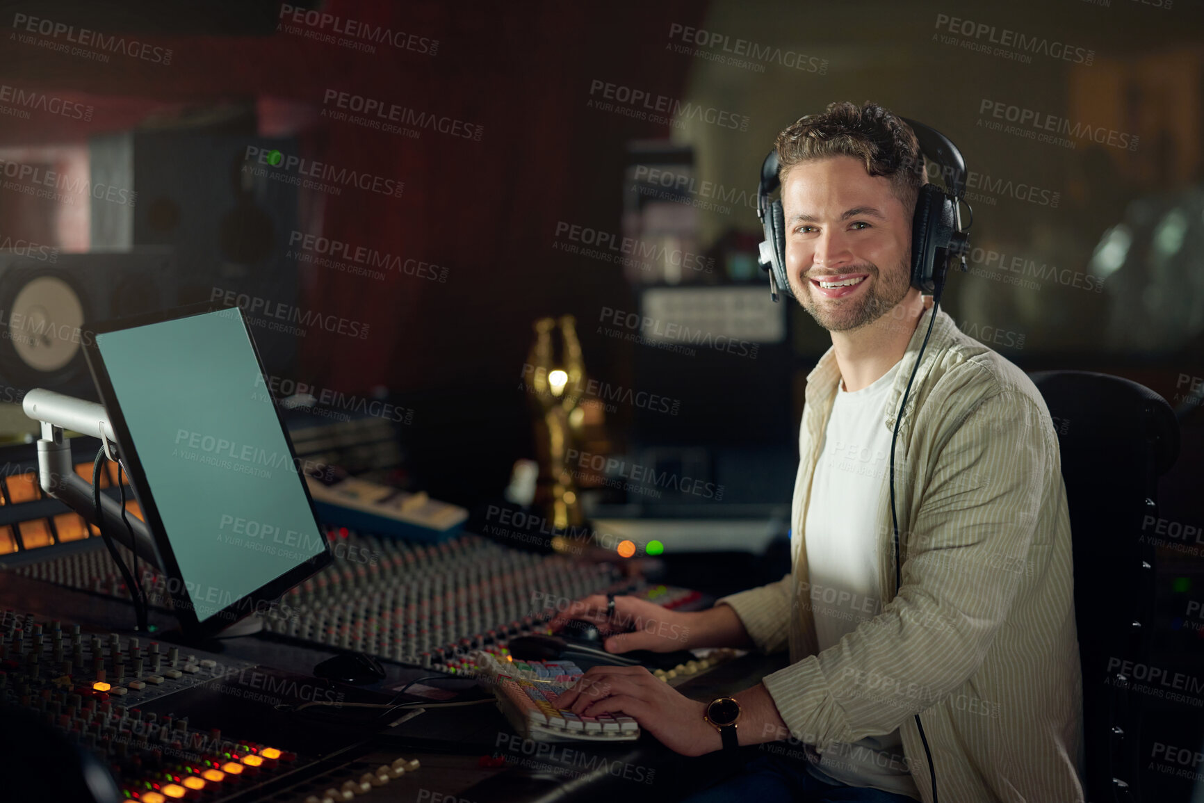 Buy stock photo Portrait, smile or music recording headphones in sound engineering, edm or song composition in production studio. Musician, DJ or happy man on technology in live streaming radio, audio or media album