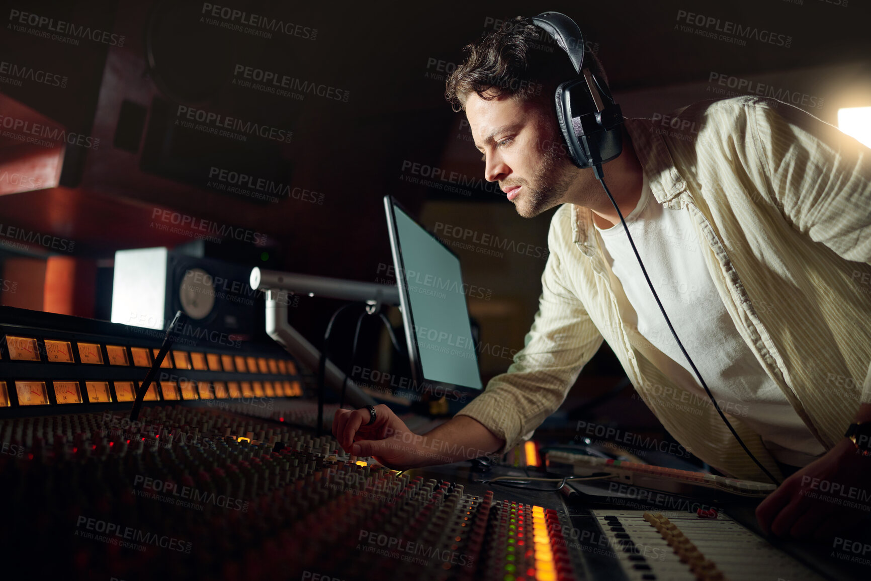 Buy stock photo Dj, thinking or recording headphones for music, sound mixing or computer song composition in studio. Musician, man or producer on technology with ideas for live streaming radio, audio or media album