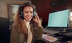 Portrait, musician and technology mockup screen for music recording, sound mixing or studio song composition. Producer, happy or woman DJ on computer for mock up radio, audio logo or media album app