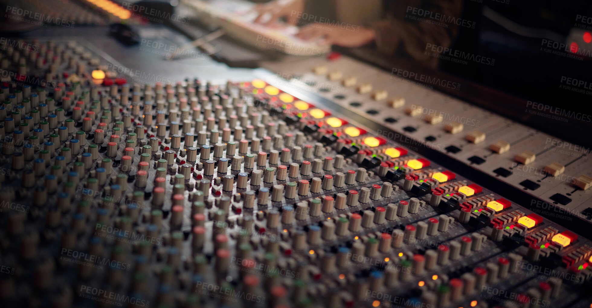 Buy stock photo Background of sound mixer, control room and board in production studio of radio, broadcast or scales. Panel equipment, electronic music or audio engineering machine of recording, volume and equalizer