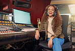 Laughing, portrait or music recording headphones for funny audio, comic sound or comedy radio in broadcast studio. Smile, happy producer or musician woman on computer, mock up screen or composition