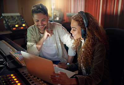 Buy stock photo Collaboration, teamwork or music recording with sound engineering headphones, laptop or computer in edm studio. Musician, friends or happy people on technology in radio, audio or dj media production