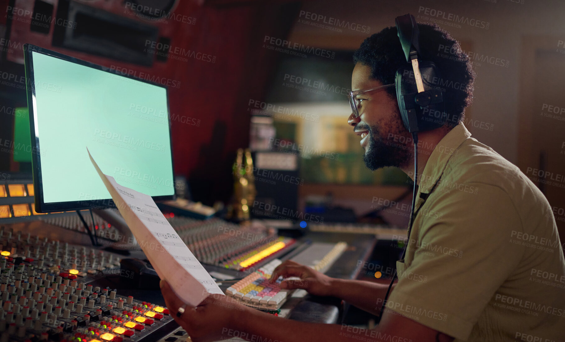 Buy stock photo Man, happy or music sheets in recording, sound engineering or song composition studio. Producer, singer or smile musician with headphones on technology mockup for radio, audio or media album mixing