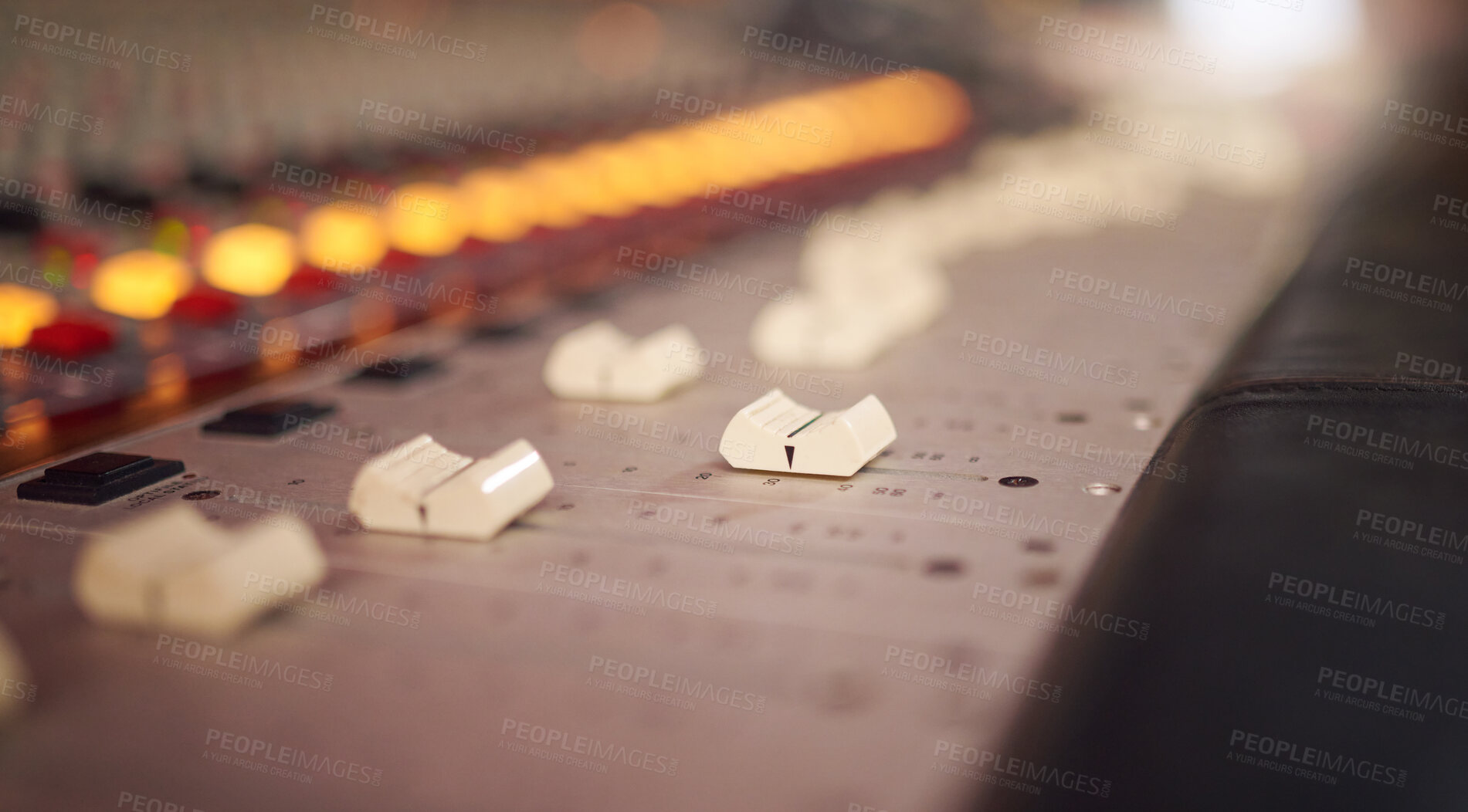 Buy stock photo Electronic mixer, sound board and deck for radio production, broadcast or scales in studio. Entertainment equipment, music media and switch of audio engineering for recording, machine or control room