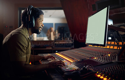 Happy, musician or technology mockup screen in music recording, sound  mixing or studio song composition. Producer, happy or black man with  computer headphones for dj radio, audio mock up or media app |