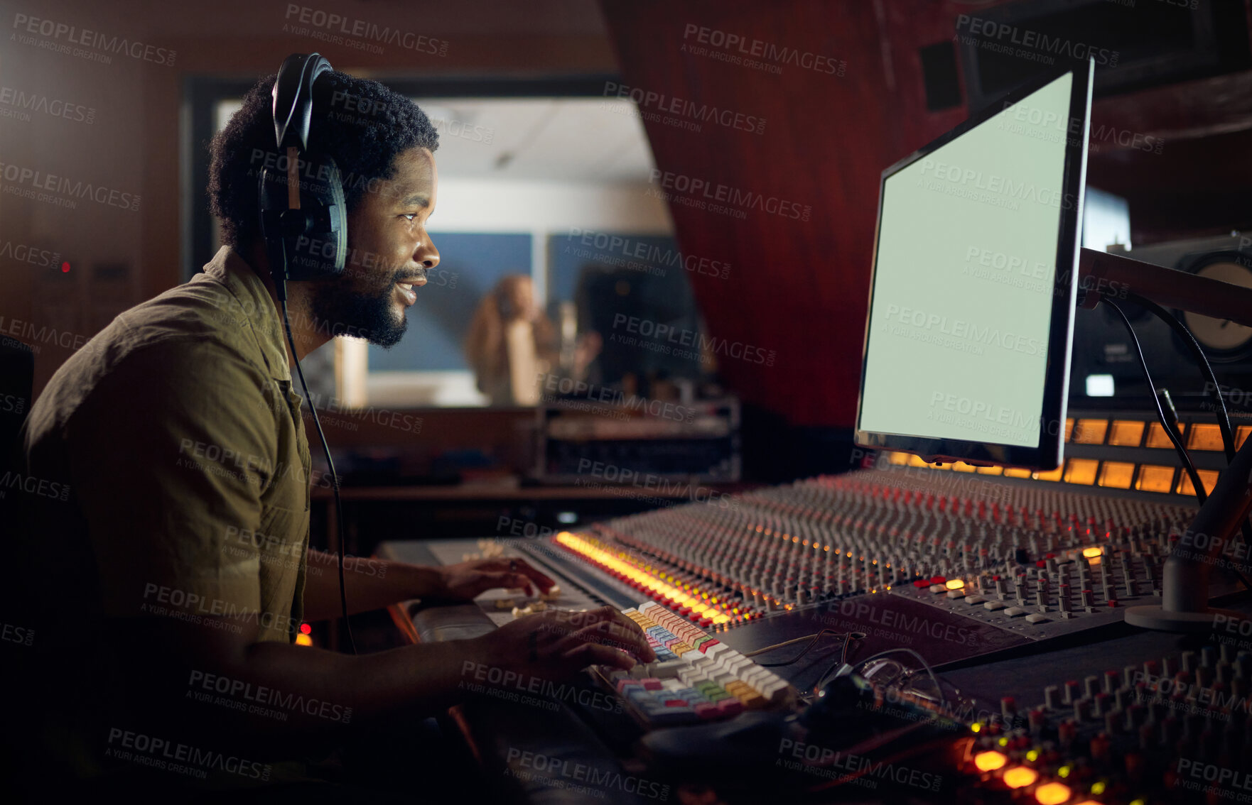 Buy stock photo Happy, musician or technology mockup screen in music recording, sound mixing or studio song composition. Producer, happy or black man with computer headphones for dj radio, audio mock up or media app