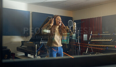 Buy stock photo Headphones, singing or woman with studio microphone in album recording, evening audio or radio music at night. Singer, musician or artist in production song, voice media or sound performance practice