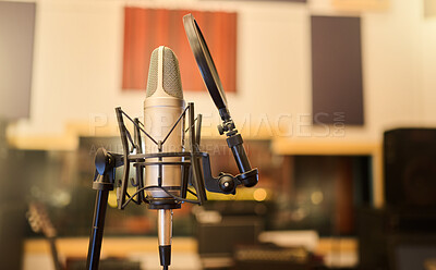 Buy stock photo Music, media and rock with microphone in studio for recording, performance and audio. Radio, technology and sound with electronics equipment in empty room for broadcast, singing and entertainment 