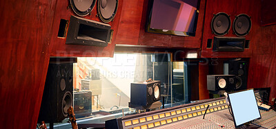 Buy stock photo Music, studio and production with recording equipment in an empty room for the entertainment industry. Interior, creative and audio with musical electronics to produce, record or control sound