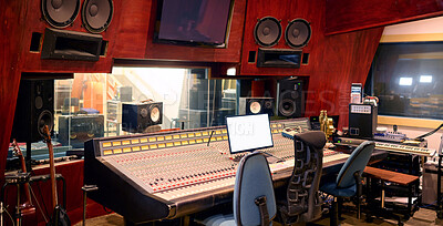 Buy stock photo Music, studio and technology with recording equipment in an empty room for the entertainment industry. Interior, creative and audio with musical electronics to produce, record or control sound