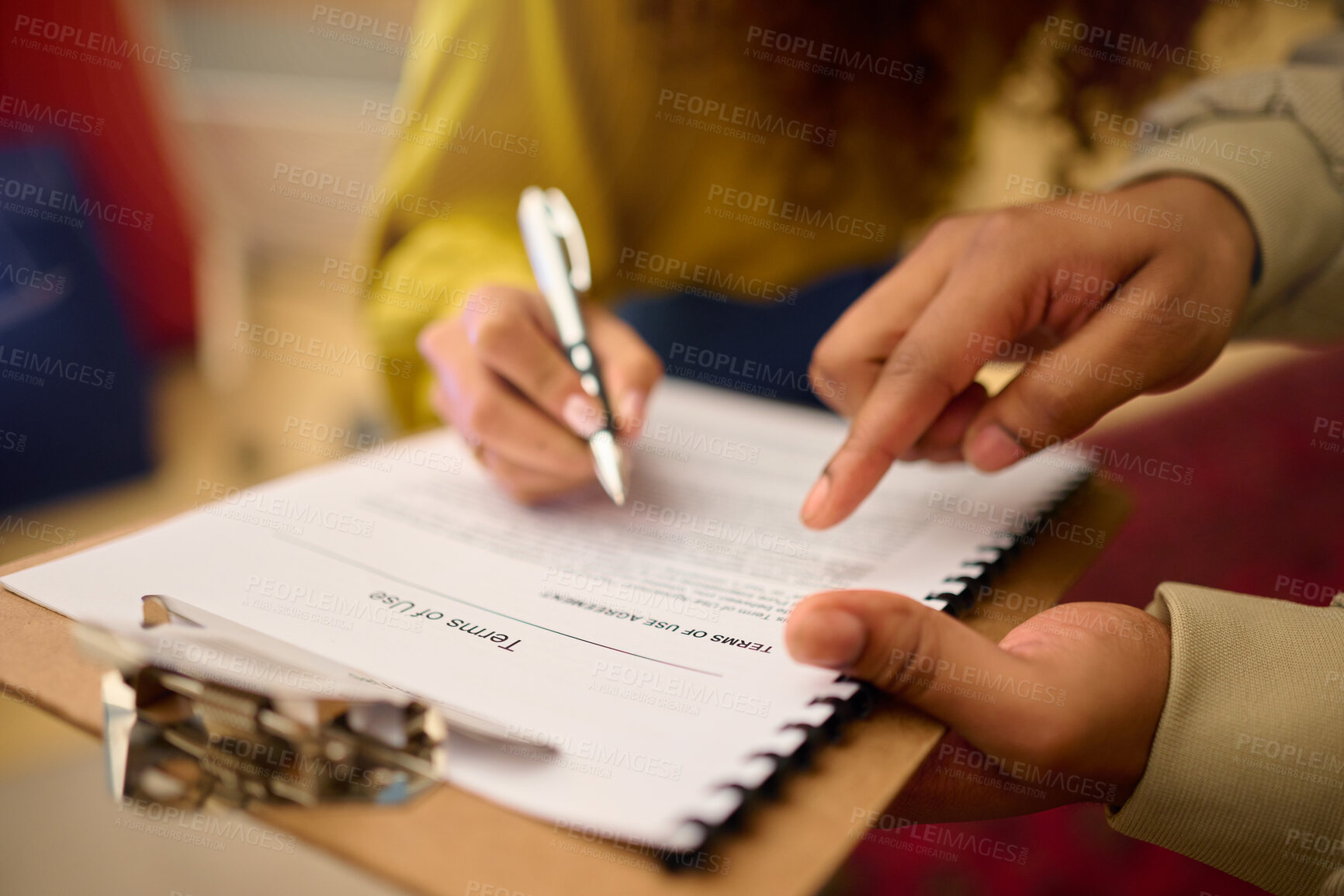 Buy stock photo Contract, client hands and legal document of terms of use agreement with lawyer consultant. Signature, paperwork and assets policy of woman reading to sign documents with pen at a consulting meeting