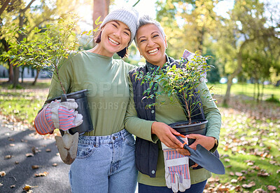 Buy stock photo Plants, trees and garden people in portrait for community service, earth day collaboration and eco friendly project. Gardening, growth and happy women in teamwork, spring environment and nature park