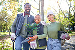 Trees, garden and plants people in portrait community service, sustainability collaboration and eco friendly project. Gardening, sustainable growth and happy worker in teamwork, forest or nature park