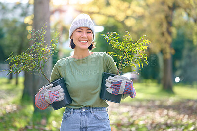 Buy stock photo Woman portrait, plant and gardening in a park with trees in nature environment, agriculture or garden. Happy volunteer planting for growth, ecology and sustainability for community on Earth day