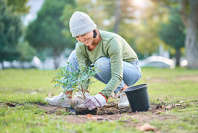 Buy stock photo Nature, plant and woman gardening in a park for sustainable, agriculture or eco friendly garden. Environment, agro and Asian female gardener planting natural greenery in outdoor field in countryside.