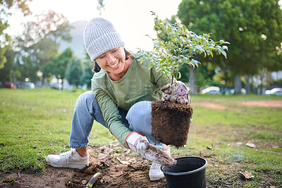 Buy stock photo Community service, volunteering and woman plant trees in park, garden and nature for sustainability. Climate change, soil gardening and care for earth day, environmental support and green ecology 