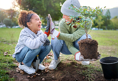 Buy stock photo High five, child and woman with plant for gardening at park with trees in nature garden environment. Happy volunteer family planting for growth, ecology and sustainability for community on Earth day