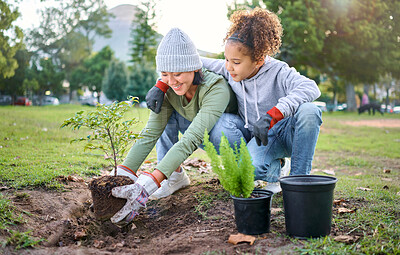 Buy stock photo Woman, child and nature park with a plant for gardening trees or agriculture in garden. Happy volunteer family team helping and planting growth, ecology and sustainability for community on Earth day