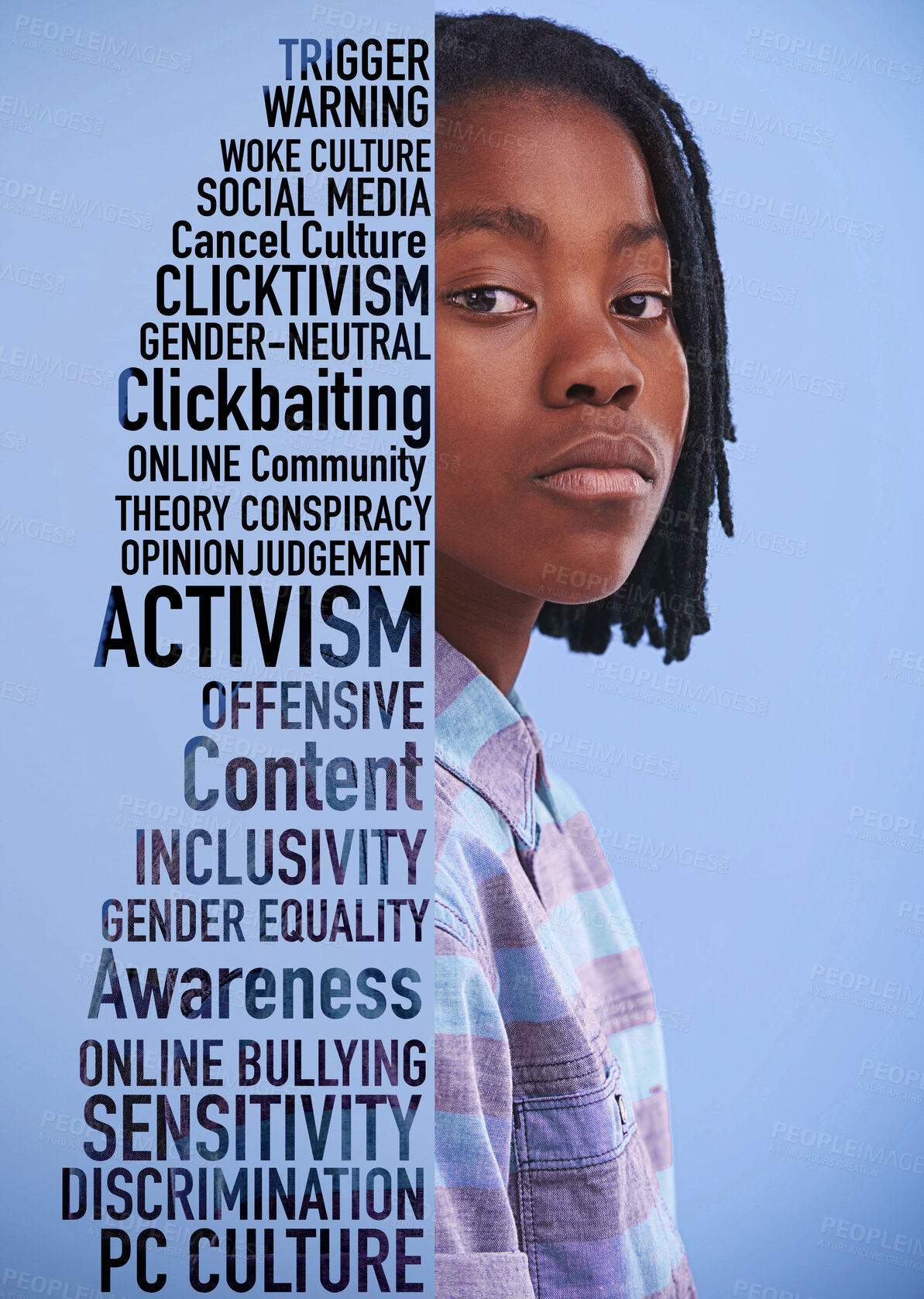 Buy stock photo Motivation, quotes and portrait of teenager for social awareness isolated against a studio purple background. Boy, activist and woke culture young person serious for inspiration and support