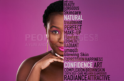 Buy stock photo Beauty, skincare and black woman with text overlay for makeup and cosmetics isolated on purple background. Color, portrait and face of african model or person for self love collage or mockup space