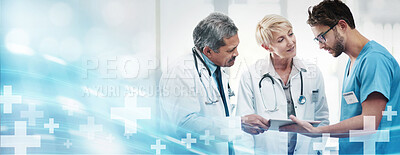 Buy stock photo Healthcare, hologram and doctors with tablet, overlay and check charts for results, schedule and teamwork. Nurse, medical professionals and team with device, telehealth or online reading for research
