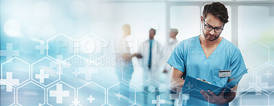 Buy stock photo Doctor, hospital overlay and tablet technology for wellness, healthcare and planning with mockup space. Doctors group, touchscreen tech or 3d hologram mock up for strategy, data analysis and research