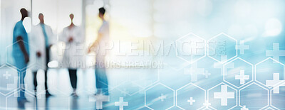 Buy stock photo Doctor, futuristic overlay and hospital teamwork for wellness, healthcare and discussion with mockup space. Doctors group, talking or planning with 3d hologram mock up, strategy and goals in clinic