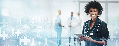 Buy stock photo Doctor, tablet technology and hospital overlay in portrait for wellness, healthcare or analysis in mockup space. Medic woman, touchscreen tech or 3d hologram mock up for strategy, health and research