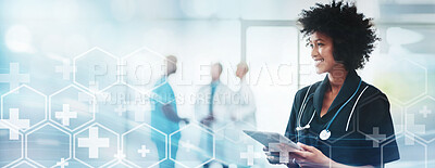 Buy stock photo Tablet technology, hospital overlay and doctor with smile for wellness, healthcare or analysis in mockup space. Medic woman, touchscreen tech or 3d hologram mock up with mission, health and research