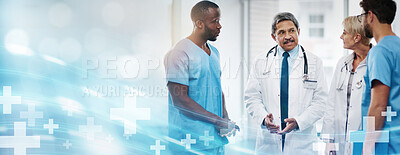 Buy stock photo Doctors, nurses and team overlay for healthcare, medical insurance and meeting at hospital. Men and women with teamwork or collaboration talking and planning future medicine, health and wellness