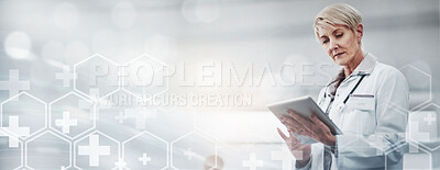 Buy stock photo Health, doctor with tablet and digital transformation with technology innovation, healthcare and digital hospital system. Medical mockup, online research with medicine data and senior woman physician